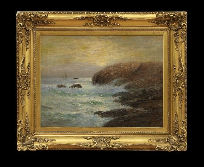 Carlton Theodore Chapman (American, 1860-1925): Carlton Theodore Chapman (American, 1860-1925), "Boats Off a Rocky Coast", oil on canvas, signed lower left, 18" x 24". In a gesso and giltwood frame. Provenance: A Houston, Texas Estate. A native of 