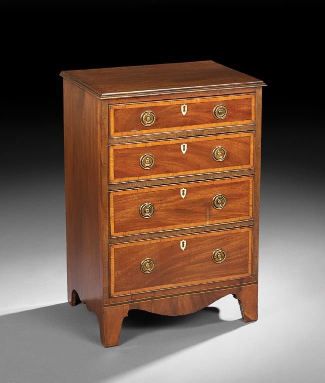 Petite George III Mahogany Four-Drawer Chest: Petite George III Mahogany Four-Drawer Chest, 19th century, the graduated drawers with banded edges and ivory escutcheons, h. 33", w. 22", d. 16".