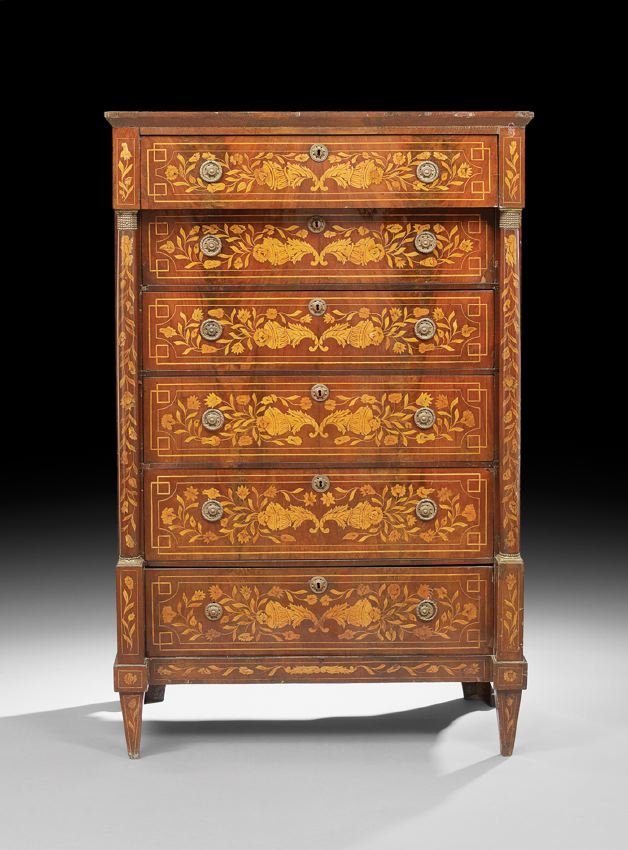 Dutch Mahogany and Marquetry Chest: Dutch Mahogany and Marquetry Chest, mid-19th century, the canted cornice above a case fitted with a frieze drawer over five recessed drawers, flanked to either side by a columnar upright, raised on ta