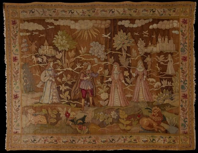 19th-Century French Aubusson Tapestry: 19th-Century French Aubusson Tapestry, depicting the Judgement of Paris, the characters in Renaissance dress with a recumbent lion in the foreground and a castle in the background, h. 76", w. 95".
