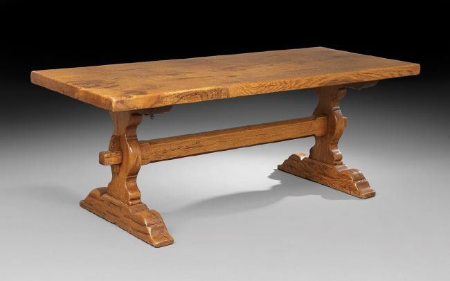 Provincial Oak Refectory Table: Provincial Oak Refectory Table, the rectangular top raised on shaped supports joined by a stretcher and ending in runner feet, h. 29-1/2", w. 32-1/2", l. 78-1/2".