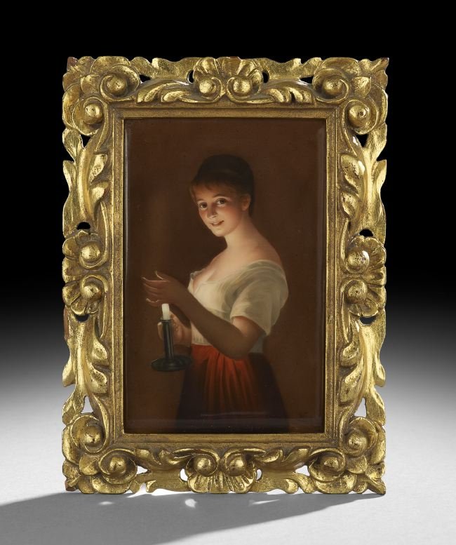 Bavarian "Gute Nacht" Porcelain Portrait Plaque: Bavarian "Gute Nacht" Porcelain Portrait Plaque, post 1904, after Georg Hom (German, 1839-1911), with an impressed "Hutschenreuther" signature, marked on the reverse with the title of the painting and