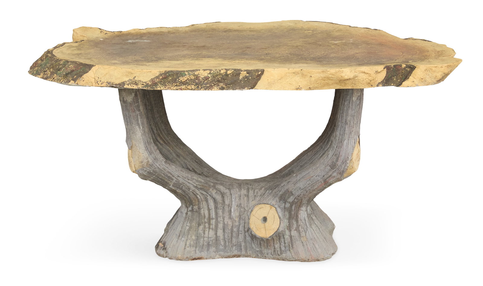 French "Rustic"-Molded Stone Faux-Bois Table: French "Rustic"-Molded Stone Faux-Bois Table second half 20th century, the top with bark-molded sides, on a "tree trunk" base with four limbs, all molded to resemble wood. h. 30-1/2", w. 63", d. 42"