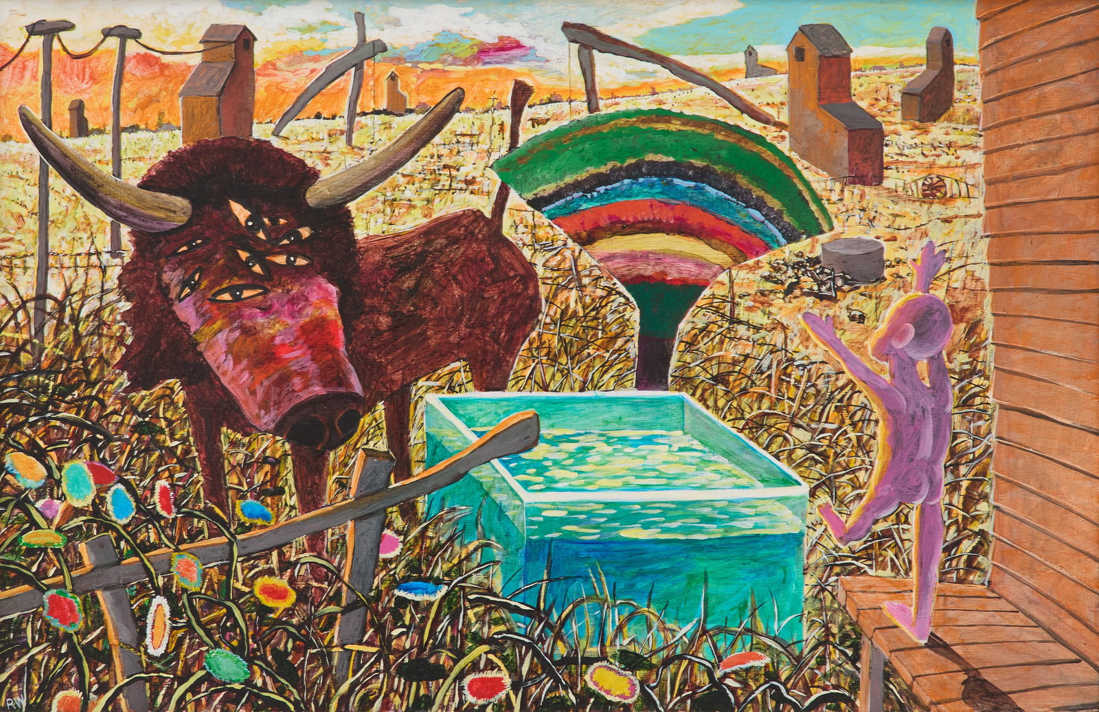 Robert Warrens (USA, b. 1933): Robert Warrens (American, b. 1933) "The Farm" oil on masonite initialed "R.W." lower left. Framed. 18" x 28", framed 19" x 29" Provenance: Estate of James "Jim" Mounger, New Orleans, Louisiana.