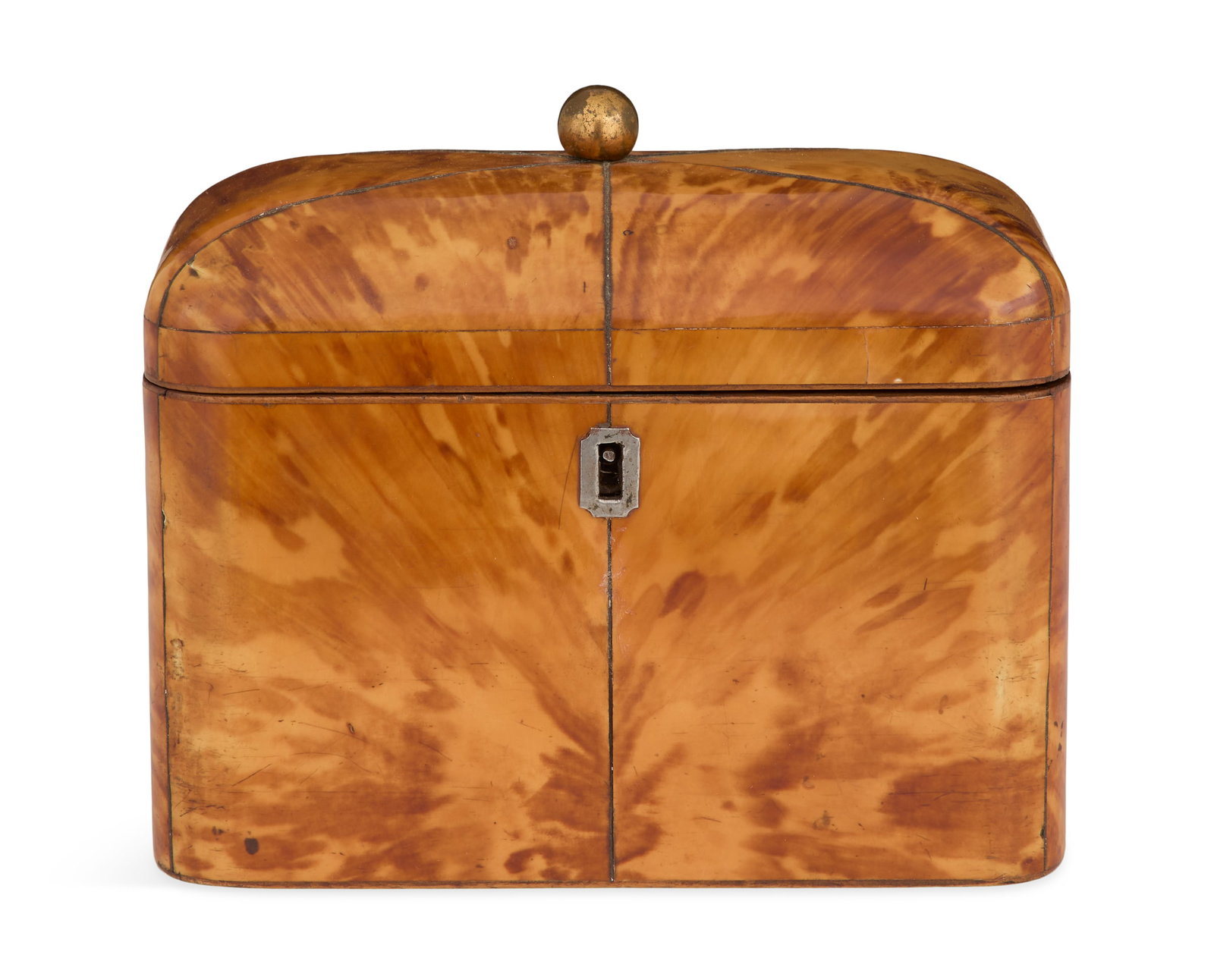William IV Tea Caddy: William IV Tea Caddy ca. 1830, the tea caddy veneered with segments, set with a pulvinated cover, the two-compartment interior set with a pair of matching covers, over remnants of a foil liner. h. 5",
