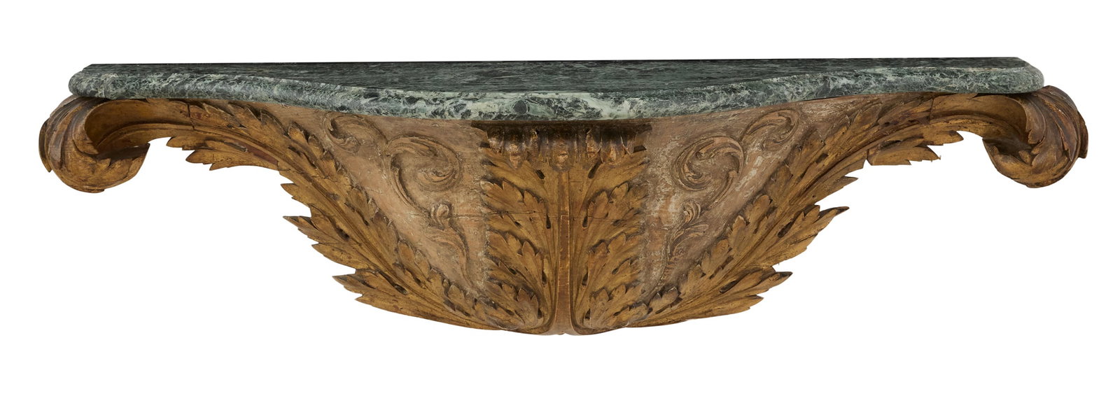 Parcel-Giltwood and Marble Console Bracket: Parcel-Giltwood and Marble Console Bracket 19th century, the serpentine bracket carved with giltwood acanthus leaves on remnants of a white ground, mounted with a conforming verde antique marble top. 