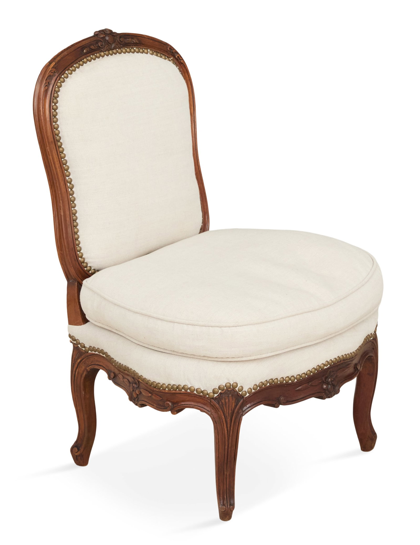 Signed Provincial Louis XV Walnut Slipper Chair: Signed Provincial Louis XV Walnut Slipper Chair 18th century, the curved and molded back frame centered with a floral-carved cartouche, with a padded back and seat, raised on cabriole legs, branded "B