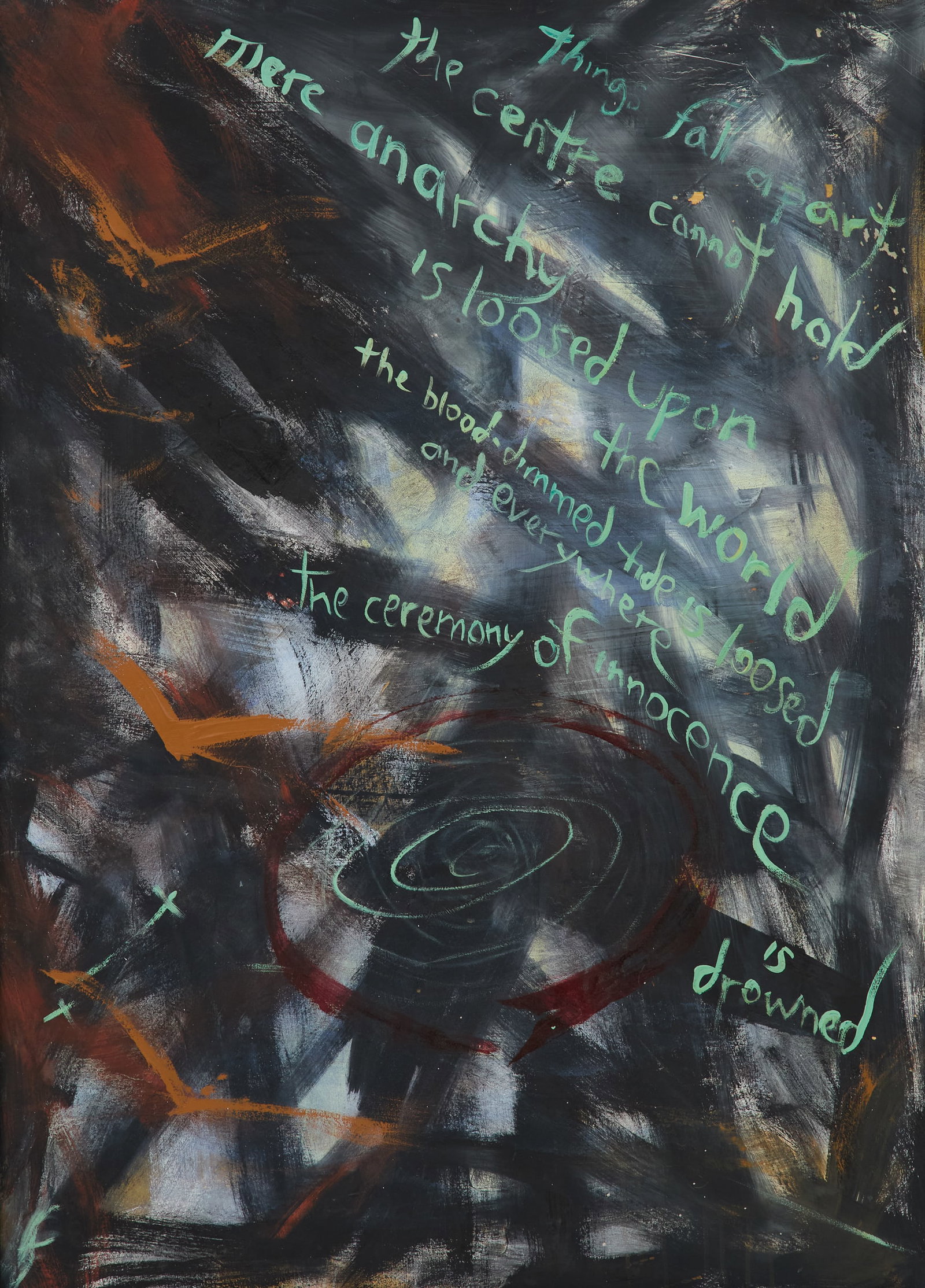 Lawrence Ferlinghetti (USA, 1919-2021): Lawrence Ferlinghetti (American, 1919-2021) "The Ceremony of Innocence..." oil on canvas signed and titled en verso. Framed. 50-1/4" x 36-1/4", framed 52-1/2" x 38-1/2"