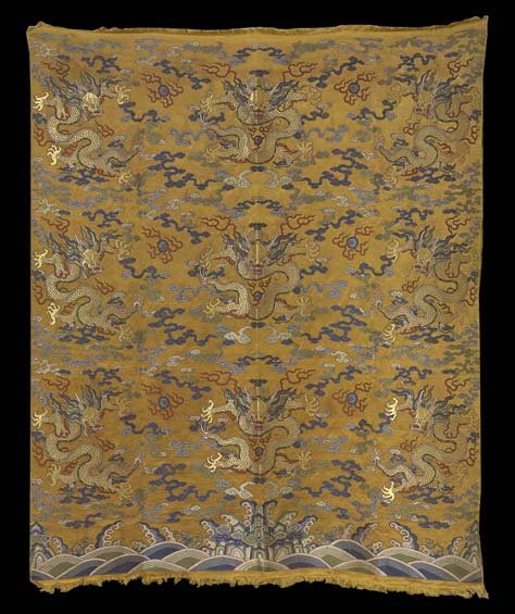 Chinese Embroidered Silk Dragon Panel: Fine Chinese Woven and Embroidered Silk Kesi Dragon Panel on an Imperial Yellow Ground, Qing Dynasty (1644-1911), the dragon finely stitched with gold threads, h. 60", w. 53".