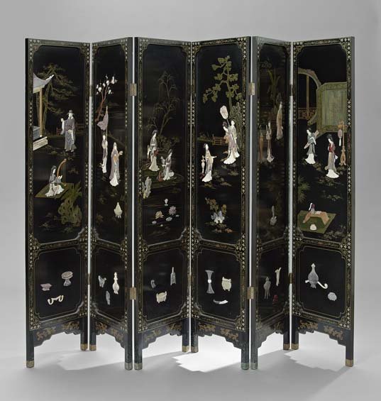 Chinese Lacquered Six-Panel Coromandel Screen: Chinese Lacquered Six-Panel Coromandel Screen, late 20th century, depicting musicians in garden scenes, the verso depicting birds amidst flora, h. 73", w. 18", each panel.