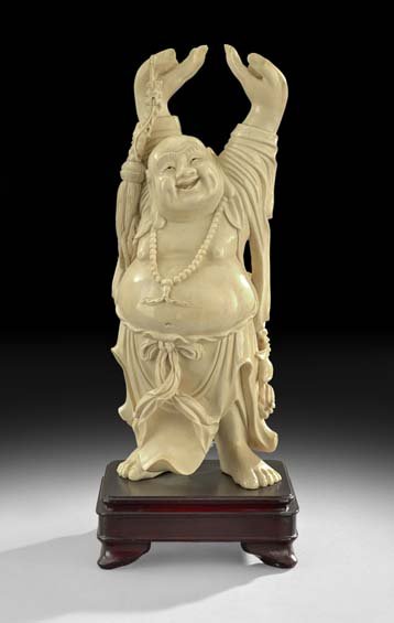 Chinese Ivory Carving on Stand: Chinese Ivory Carving on Stand, first half 20th century, depicting a figure of the Buddha of the future, Mi Lo Fu, h. 12", without stand.