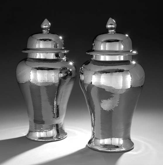 Unusual Pair of Chinese Silver Lustre Temple Jars: Unusual Pair of Chinese Silver Lustre Temple Jars, of traditional ginger jar form, h. 29", dia. 12-1/4".