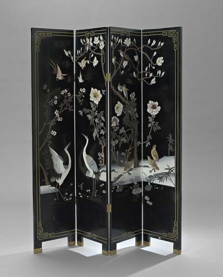 Chinese-Style Lacquered and Polychromed Screen: Chinese-Style Lacquered and Polychromed Four-Panel Screen, incise-carved and painted to depict exotic birds amidst flowers and vines, h. 72", w. 16", each panel.