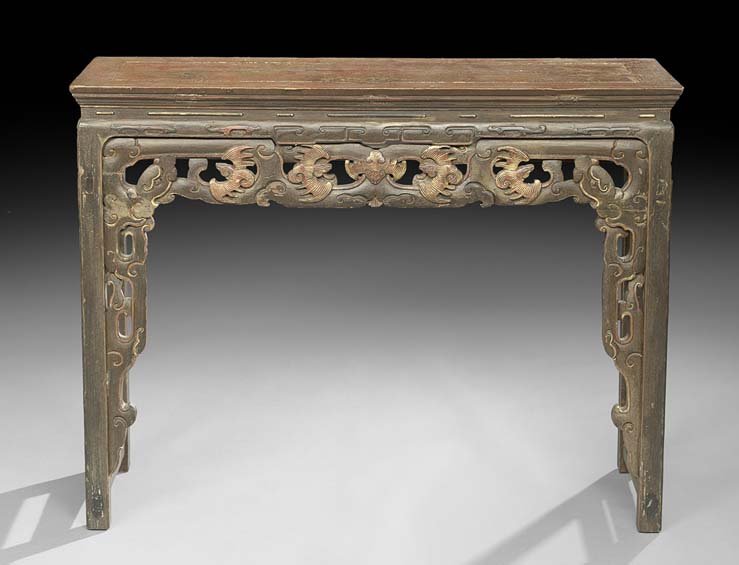 Chinese Lute Table: Chinese Lute Table, 19th century, the apron carved with bats and archaic scrolling, h. 32-1/2", w. 42", d. 13-1/2".