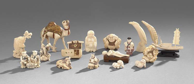 Large Group of Assorted Ivory Carvings: Large Group of Assorted Ivory Carvings, late 19th/early 20th century, crafted in China, Japan and India, and including netsuke, a camel and other carvings, h. 3/4" to 4".