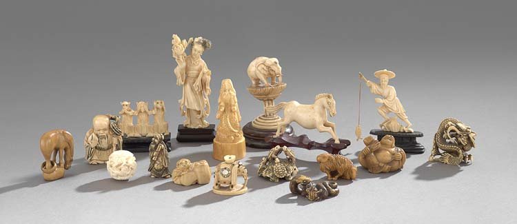 Group of Chinese and Japanese Ivory Carvings: Large Group of Assorted Chinese and Japanese Ivory Carvings, late 19th/early 20th century, including a seal, netsuke and other carvings, h. 3/4" to 4-3/4".