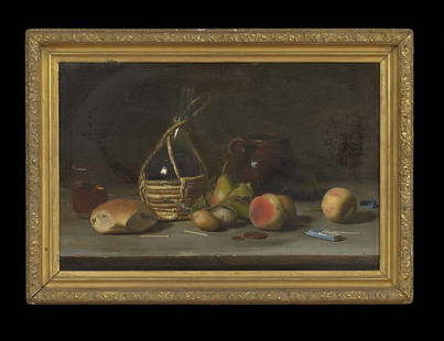 American School (First Quarter 20th Century): American School (First Quarter 20th Century), "Still Life with Peaches", in the style of William Michael Harnett (American, 1848-1892), oil on canvas, erroneously signed and dated lower right, 16" x 2
