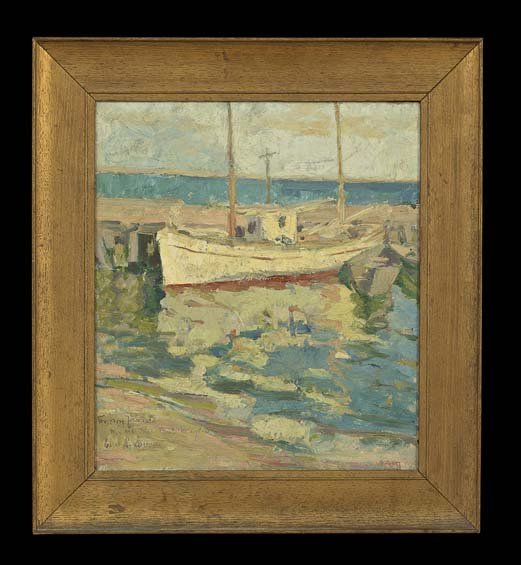 Glen R. Saunders (American, 20th Century): Glen R. Saunders (American, 20th Century), "Boat at Dock", oil on board, signed and inscribed "For my friends Mr. and Mrs...Blayton", 18" x 16". Framed.
