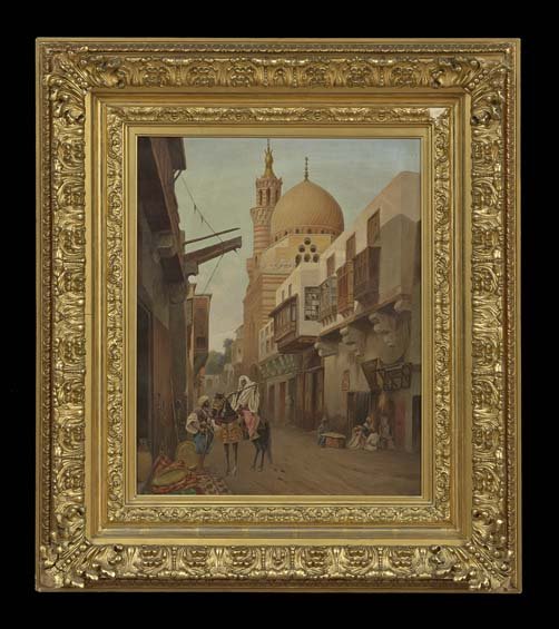 American School (First Quarter 20th Century): American School (First Quarter 20th Century), "Arabian Bazaar", oil on canvas, unsigned, verso frame affixed with an "L. A. Bigelow Inc., Boston" label, 24" x 18". Presented in a deeply molded giltwoo