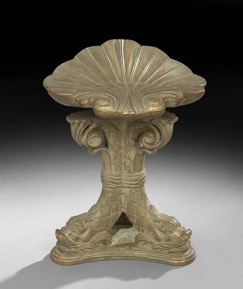 Grotto-Style Polychrome Stool: Grotto-Style Polychrome Stool, the shell-form rotating seat raised on a dolphin-form tripartite base to a concave triangular plinth, h. 19", dia. 17".