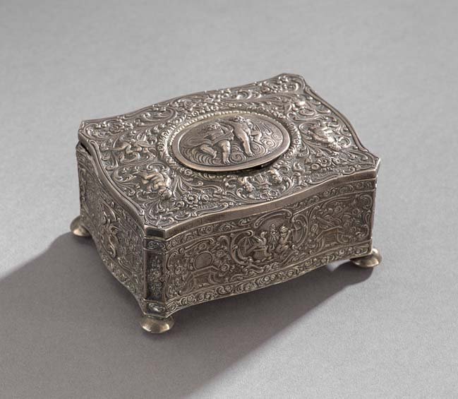 German Sterling Silver Automaton Music Box: German Sterling Silver Automaton Music Box, ca. 1900, the serpentine-sided case impressed with neoclassical ornament, designed for the oval door on the cover to open and a mechanical "bird" to perform