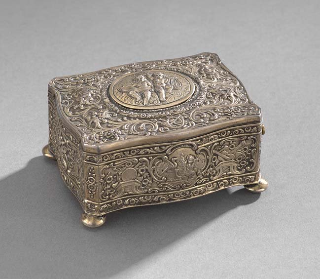 German Sterling Silver Gilt Automaton Music Box: German Gold-Washed Sterling Silver Automaton Music Box, ca. 1900, the serpentine-sided case impressed with neoclassical ornament, designed for the oval door on the cover to open and a mechanical "bird