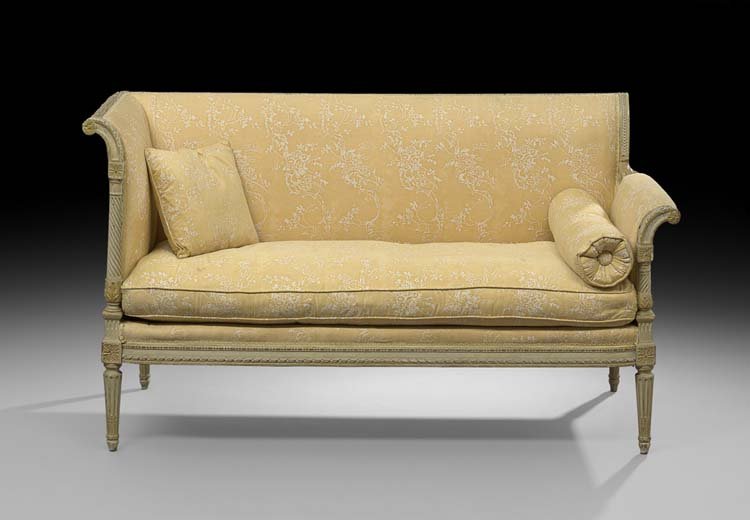 Louis XVI-Style Polychrome Settee: Louis XVI-Style Polychrome Settee, early 20th century, the padded rectangular back with one padded end and one lower padded end, both outscrolled and with spiral-fluted uprights, raised on stop-fluted