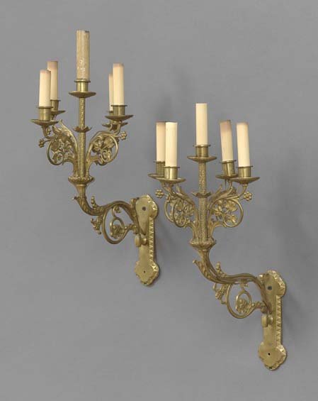 Pair of English Brass "Modern Gothic" Sconces: Pair of English Brass Five-Light "Modern Gothic" Sconces, fourth quarter 19th century, each with a pierced arm supporting oak leaf-molded branches, the central standards and undersides of the drip pan