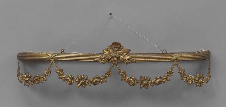 French Gilt-Bronze Tiara-Form Bed Tester: French Gilt-Bronze Tiara-Form Bed Tester, ca. 1900, of Louis XVI inspiration, the reeded canopy hung with floral swags and having a flower-form finial, h. 8", w. 29-1/4", d. 8-1/4".