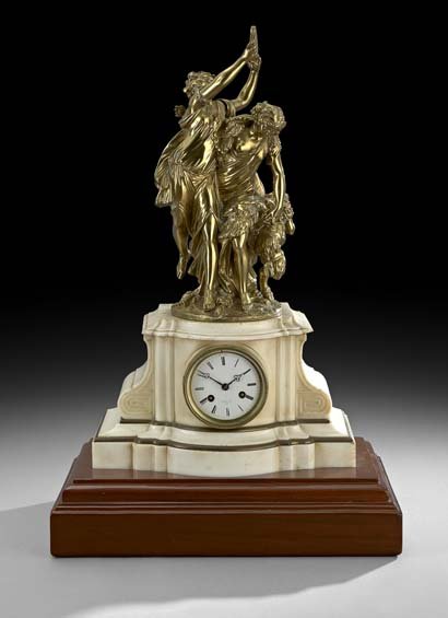 Napoleon III White Marble and Bronze Mantel Clock: Napoleon III White Marble and Bronze Mantel Clock, third quarter 19th century, both the works and dial signed "Raingo Freres, Paris", the white marble base trimmed in bronze, the "tarantella" bronze f