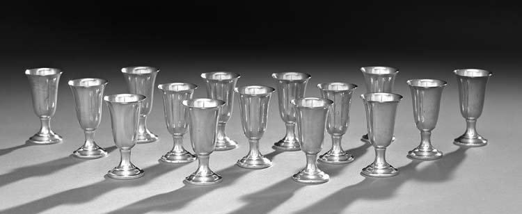 Set of Fifteen Sterling Silver Cordials: Set of Fifteen Sterling Silver Cordials, mid-20th century, by Fisher Silversmiths, Inc., Jersey City, New Jersey, each of inverted bell form with short waisted stem and ogee-domed foot, monogrammed "M