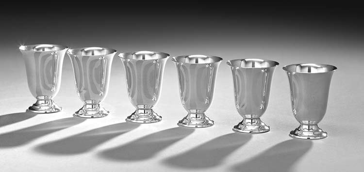 Set of Six American Sterling Silver Beakers: Set of Six American Sterling Silver Beakers, second quarter 20th century, by Meriden/International Silver, Meriden, Connecticut, each of inverted bell form with double cavetto-domed foot, h. 3", dia. 