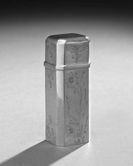 Dutch Second Standard (.833) Silver Nutmeg Grater: Dutch Second Standard (.833) Silver Nutmeg Grater, marked Groningen,1903, by B. Dijkstra, Gebr. Niekerk, of canted rectangular section, decorated with engraved flowers and arabesques, the hinged lid a