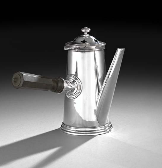 Christofle Silverplate Coffeepot: Christofle Silverplate Coffeepot, 1918-1921, Paris, of tapering cylindrical form, with conical spout and turned and paneled ebony straight handle, the hinged and domed lid with pierced star vents, h.