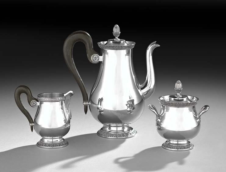 3-Piece Christofle Silverplate Coffee Set: Three-Piece Christofle "Beauharnais/Malmaison" Silverplate Coffee Set, third quarter 20th century, Paris, Collection Gallia, including a coffeepot, h. 10", l. 8-1/2", a covered sugar bowl, h. 5-3/4", 