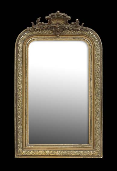 Napoleon III Silver-Gilt Mirror: Napoleon III Silver-Gilt Mirror, mid-19th century, the molded frame with rounded corners and mounted with a shell-form crest on a scrollwork backing, h. 35-3/4", w. 22".