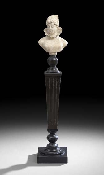 Adolfo Cipriani (Italian, active 1895-1930): Adolfo Cipriani (Italian, active 1895-1930), alabaster bust of a young woman in a lace collar, ca. 1900, mounted on a French ebonized and bronze-mounted pedestal in the Louis XIV revival taste, bust,
