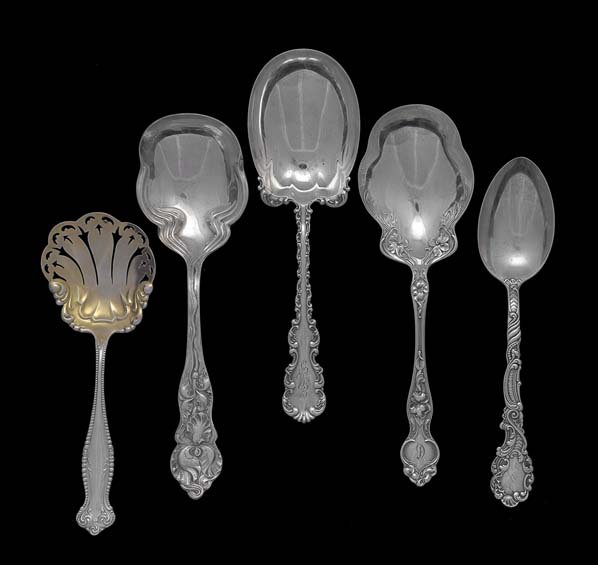 Five Sterling Silver & Silverplate Serving Spoons: Five American Sterling Silver and Silverplate Serving Spoons, first quarter 20th century, including sterling pieces: a Whiting "Louis XV" casserole spoon, l. 9", a Gorham "Marie Antoinette" tablespoon