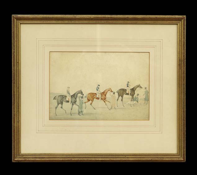 British School (Third Quarter 19th Century): British School (Third Quarter 19th Century), "Preparing for the Hunt" and "Leading the Jockeys", pair of watercolors on paper, unsigned, each sight 6-3/4" x 10". Matted, glazed and framed alike.