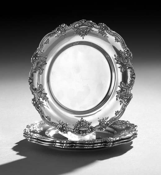 Four "Francis I" Silver Bread & Butter Plates: Set of Four Reed & Barton "Francis I" Sterling Silver Bread and Butter Plates, 1947-1950, the pattern designed in 1907 by Ernest Meyer, Taunton, Massachusetts, dia. 7-1/2", 28.87 total t. oz.