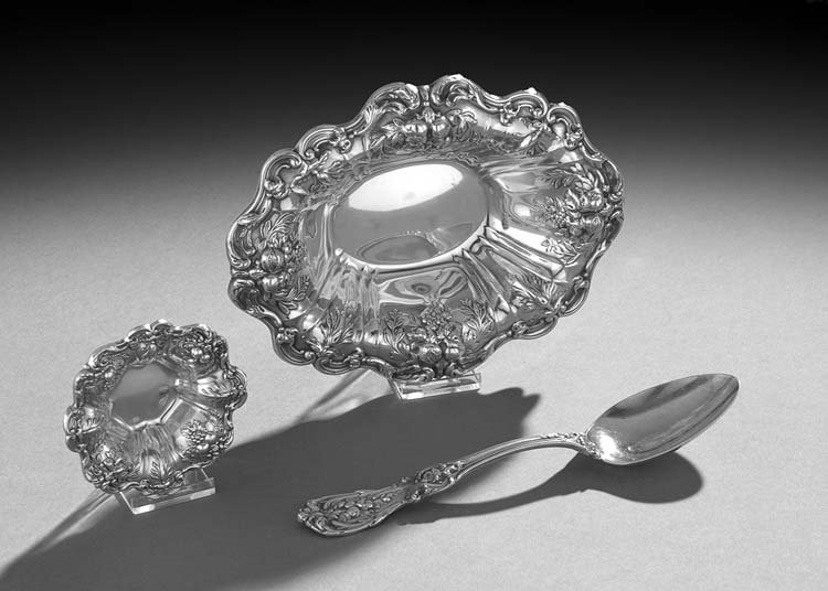 3 Pcs. Reed & Barton "Francis I" Silver Tableware: Three Pieces of Reed & Barton "Francis I" Sterling Silver Tableware, the pattern designed in 1907 by Ernest Meyers, Taunton, Massachusetts, including a tablespoon, l. 8-1/4", a nut dish, dia. 3-1/4",