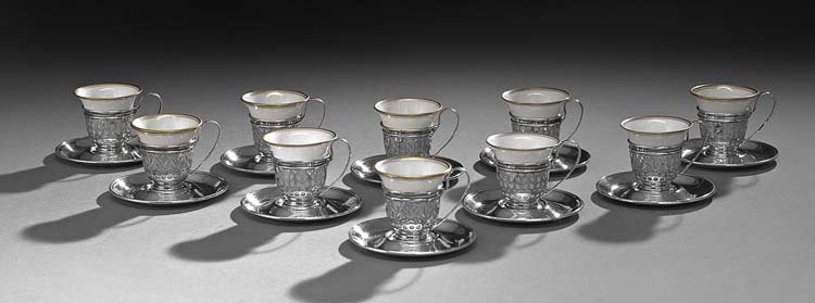 Ten Silver & Porcelain Demitasse Cups & Saucers: Set of Ten Sterling Silver and Porcelain Demitasse Cups and Saucers, mid-20th century, the silver frames by Gorham, Providence, Rhode Island, the porcelain cups by Lenox, Trenton, New Jersey, the silv