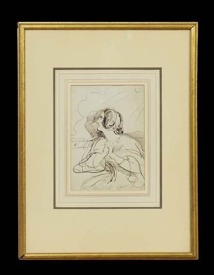 Attr. to Benjamin R. Haydon (British, 1786-1846): Attributed to Benjamin Robert Haydon (British, 1786-1846), "Figural Study - Mrs. T. Hamilton", ink on paper, pencil inscribed at bottom, sight 8-3/4" x 6-1/4". Glazed, matted and framed.