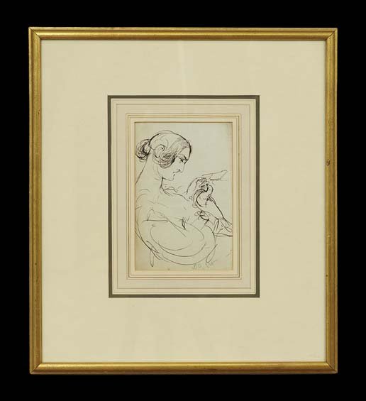 Attr. to Benjamin R. Haydon (British, 1786-1846): Attributed to Benjamin Robert Haydon (British, 1786-1846), "Figural Study of a Woman Holding a Dove", ink on paper, inscribed "DOVE" at bottom, 7-3/4" x 5-1/4". Glazed, matted and framed.