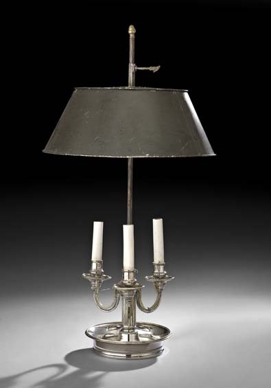 Restauration Argent and Tole Bouillotte Lamp: Restauration Argente and Tole Bouillotte Lamp, early 20th century, the adjustable tole shade above a ribbed column emanating three candle arms, on a molded circular base, h. 27".