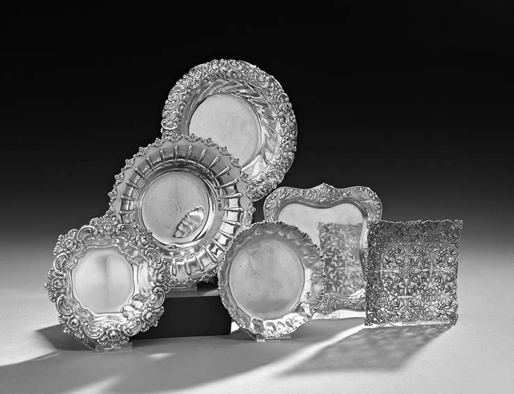 Six Pieces of American Small Silver Tableware: Six Pieces of American Small Sterling Silver Tableware, ca. 1900, including a Shiebler & Co. circular bonbon dish, the everted rim with embossed gadroons and shaped rocaille edge, dia. 6-1/2", a Shieb