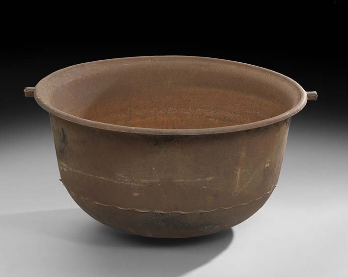 Large Cast Iron Plantation Sugar Kettle: Large Cast Iron Plantation Indigo Pot/Sugar Kettle, mid-19th century, h. 24", dia. 40".