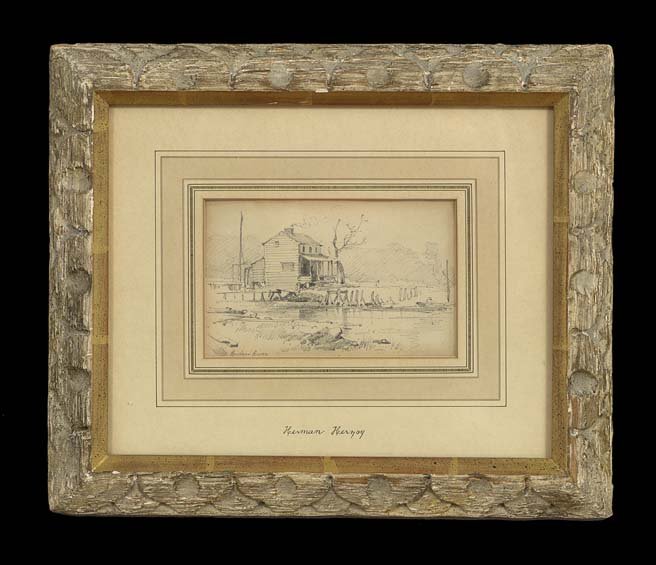 Herman Herzog (German/American, 1832-1932): Herman Herzog (German/American, 1832-1932), "Hudson River", graphite on paper, titled lower left, sight 3-3/4" x 6-1/4". Matted, glazed and presented in a rusticated carved wood frame