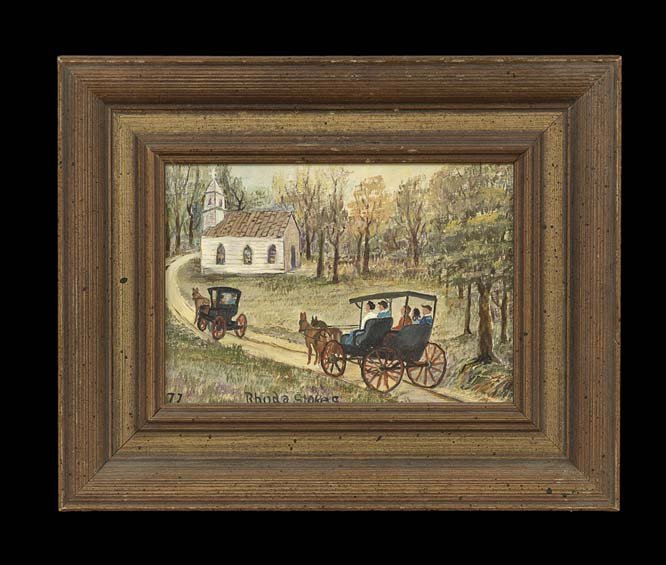 Rhoda Brady Stokes (US/Louisiana, 1902-1988): Rhoda Brady Stokes (American/Louisiana, 1902-1988), pair of oils on canvasboard, including "Short Cut to School", signed lower left, titled bottom, 8" x 10", and "Carriage Ride", 1977, dated lower lef
