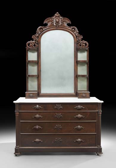 American Rococo Revival Dressing Bureau: American Rococo Revival Rosewood and Marble-Top Dressing Bureau, third quarter 19th century, attributed to the workshop of John Henry Belter and bearing the stenciled label "Springmeyer Bro's, Late J.